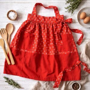 Red Cotton Half Apron With Adjustable Straps Floral Pattern